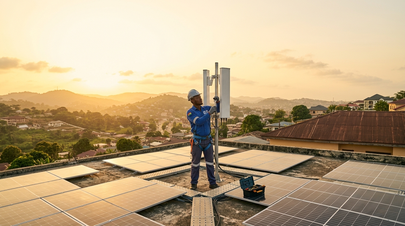 Geoponet technician installing a wireless antenna and solar panels above Koforidua